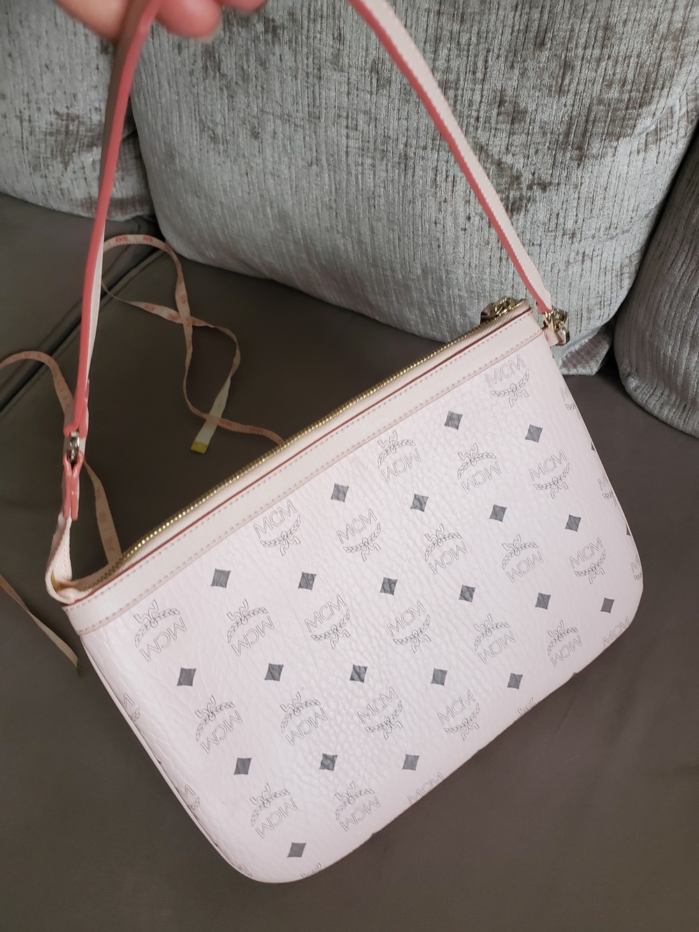 MCM Pale Pink Logo Leather Shoulder Bag with Gold Hardware Authentic Womens